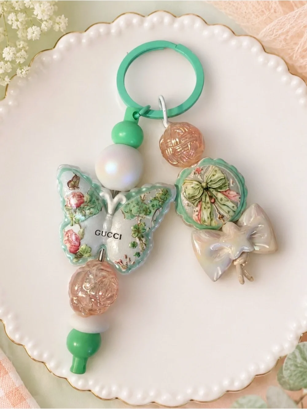 Hand Crafted Mint Green & Peach Inspired Floral Butterfly & Bow Keychain